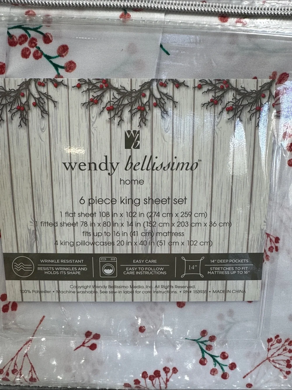Wendy Bellissimo White Sheet Set with Red & Green Berry Sprig Print NEW